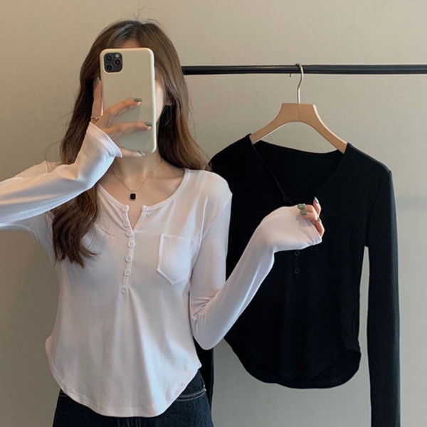 Áo thun dài tay nữ basic có túi sành điệu thun cotton co giãn thoáng mát thấm hút mồ hôi hình đơn giản trẻ trung thời tr