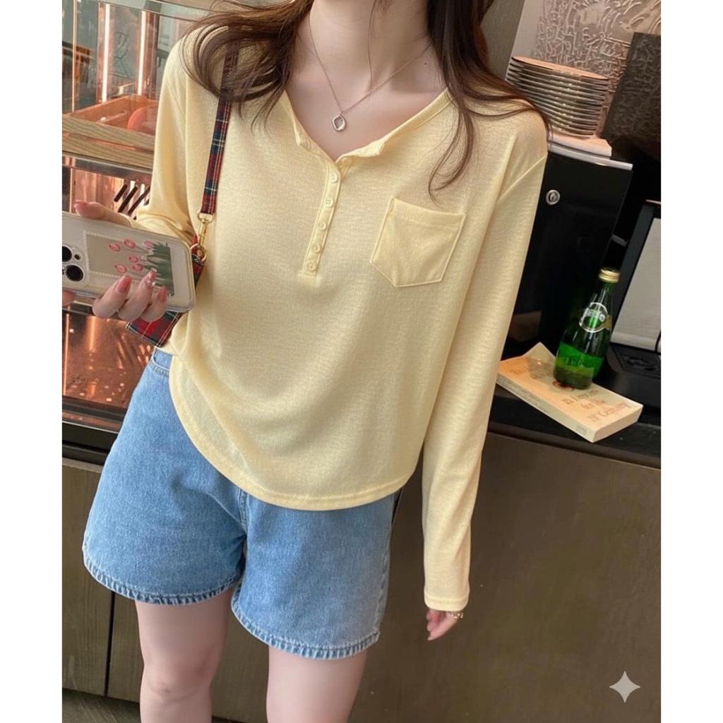 Áo thun dài tay nữ basic có túi sành điệu thun cotton co giãn thoáng mát thấm hút mồ hôi hình đơn giản trẻ trung thời tr