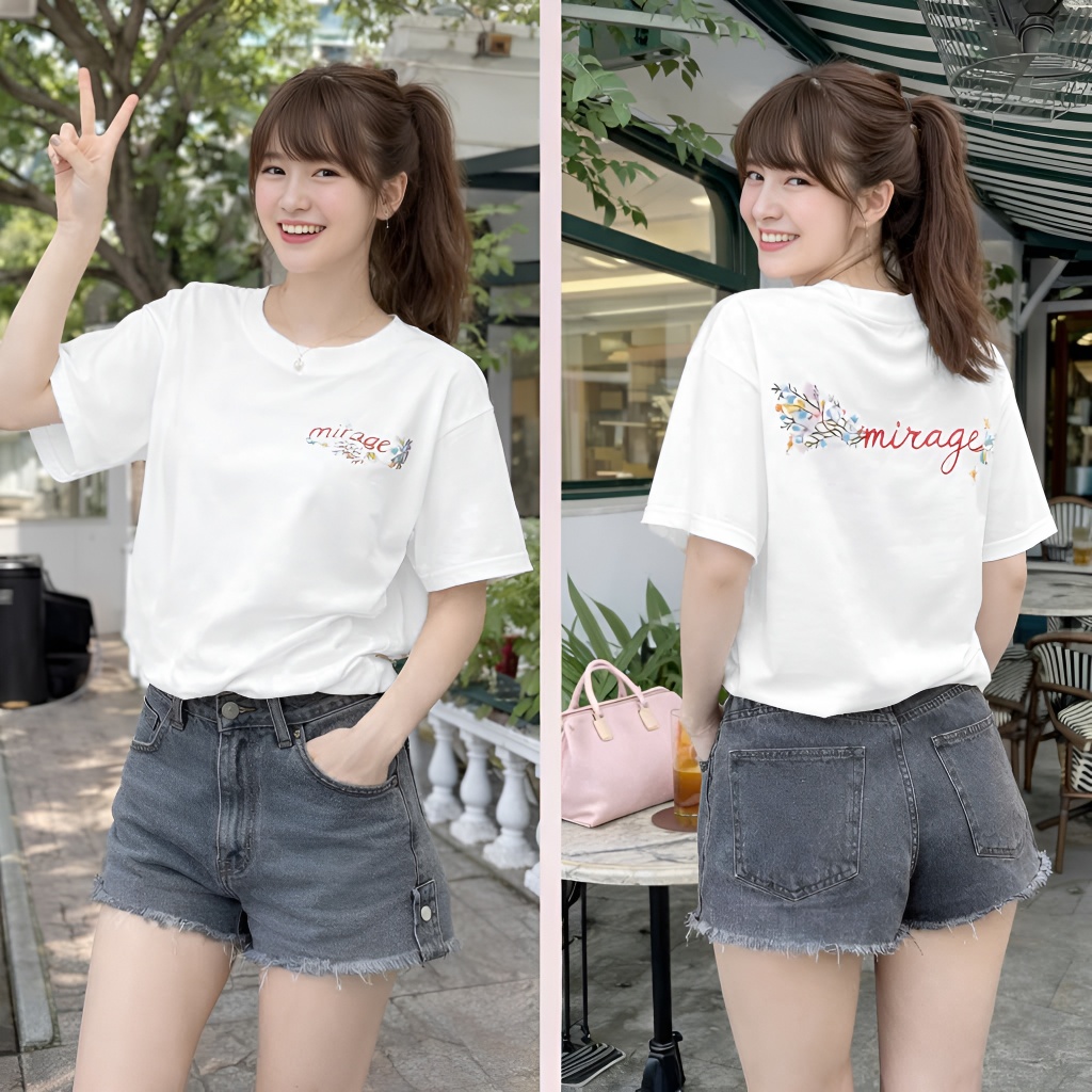 Áo Thun Mirage Thêu Chữ Hoa Màu Trắng Nghệ Thuật, Chất 100% Cotton Mềm Mịn Thoáng Mát.