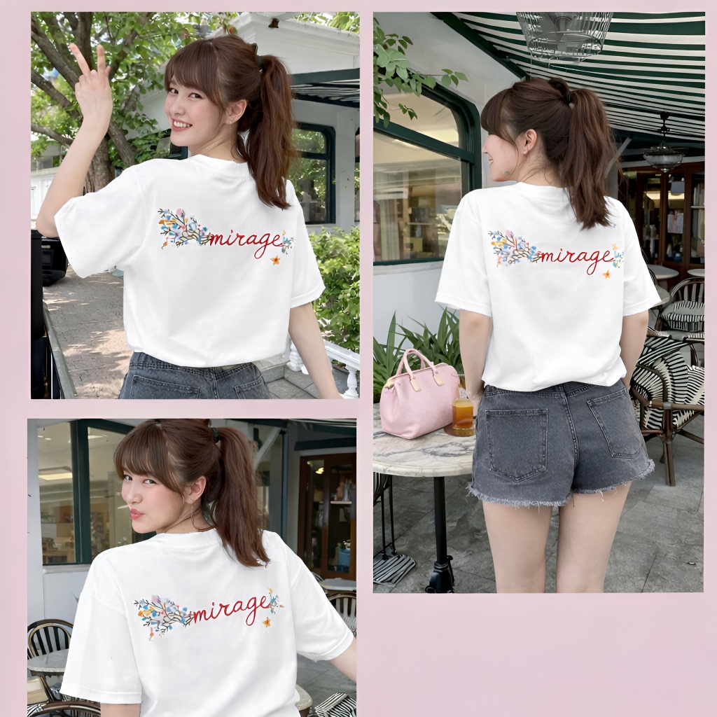 Áo Thun Mirage Thêu Chữ Hoa Màu Trắng Nghệ Thuật, Chất 100% Cotton Mềm Mịn Thoáng Mát.