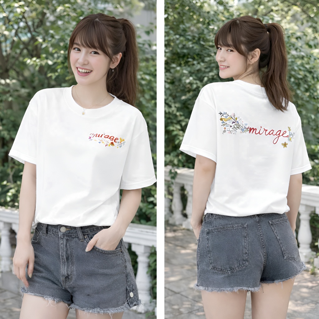 Áo Thun Mirage Thêu Chữ Hoa Màu Trắng Nghệ Thuật, Chất 100% Cotton Mềm Mịn Thoáng Mát.