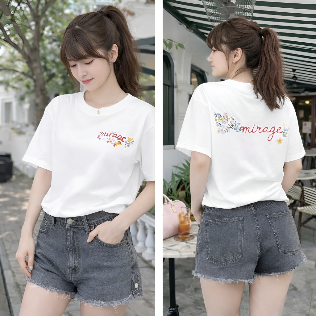 Áo Thun Mirage Thêu Chữ Hoa Màu Trắng Nghệ Thuật, Chất 100% Cotton Mềm Mịn Thoáng Mát.
