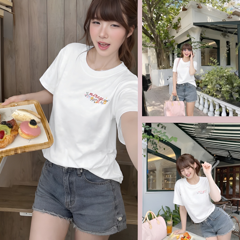 Áo Thun Mirage Thêu Chữ Hoa Màu Trắng Nghệ Thuật, Chất 100% Cotton Mềm Mịn Thoáng Mát.