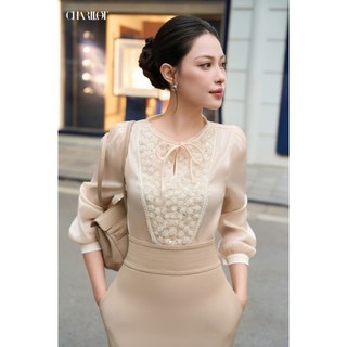Áo Tơ Nữ Cổ Tròn Đá Phối Ren Đính Đá Cao Cấp Chảllot Sơ Mi Nữ Công Sở Sang Trọng Màu Be Trắng