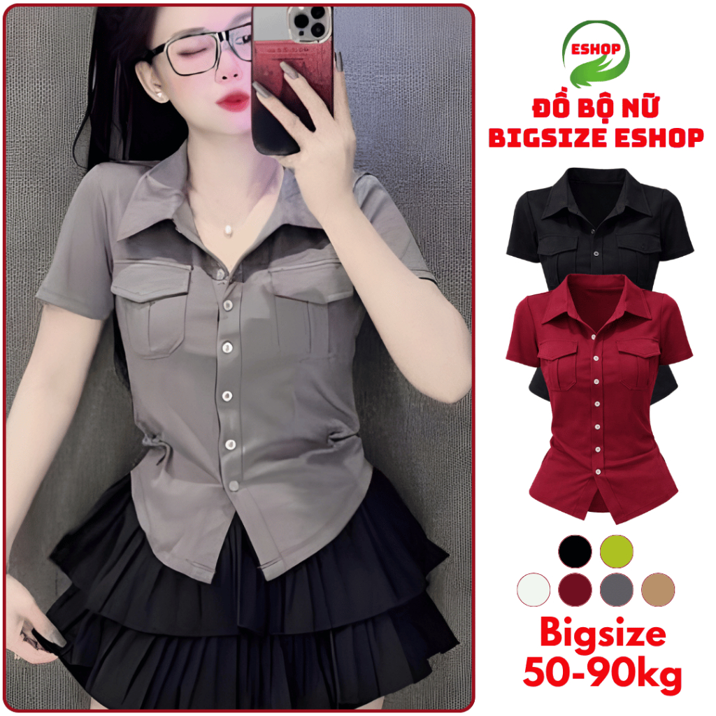Áo Thun Nữ Bigsize Cổ Polo Kiểu Sơ Mi Vải Tăm Lạnh Co Giãn Form Ôm Body Đẹp Dễ Thương ESHOP MS012