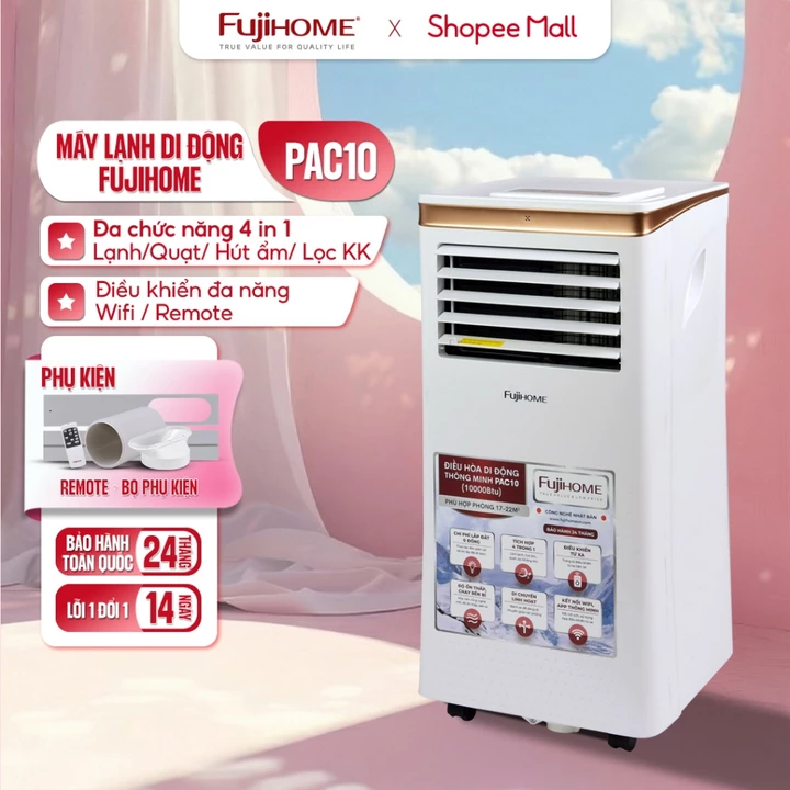 Điều hòa di động 10000 BTU nhập khẩu FUJIHOME, máy lạnh đứng mini làm mát nhanh điều khiển thông minh Wifi 4 chức năng