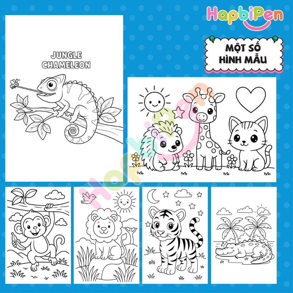 Tranh tô màu Động vật cho bé tập vẽ từ 3 tuổi, 50 trang khổ A4 A5 với các con vật dễ thương TTM006