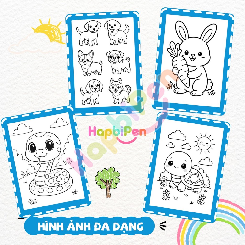 Tranh tô màu Động vật cho bé tập vẽ từ 3 tuổi, 50 trang khổ A4 A5 với các con vật dễ thương TTM006