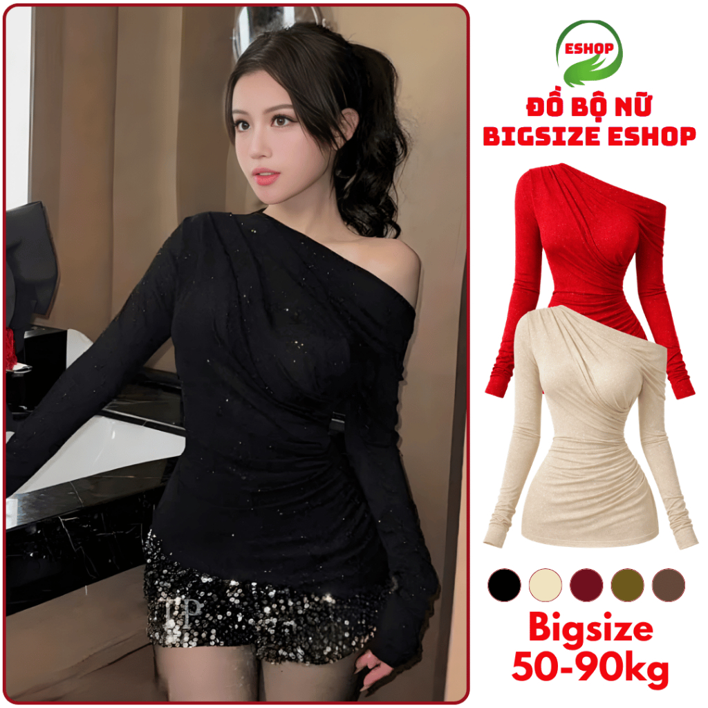 Áo Lệch Vai Bigsize ESHOP MS300 – Áo Kiểu Nữ Dài Tay Trễ Vai Chất Thun Ôm Body Sang Chảnh Dễ Thương