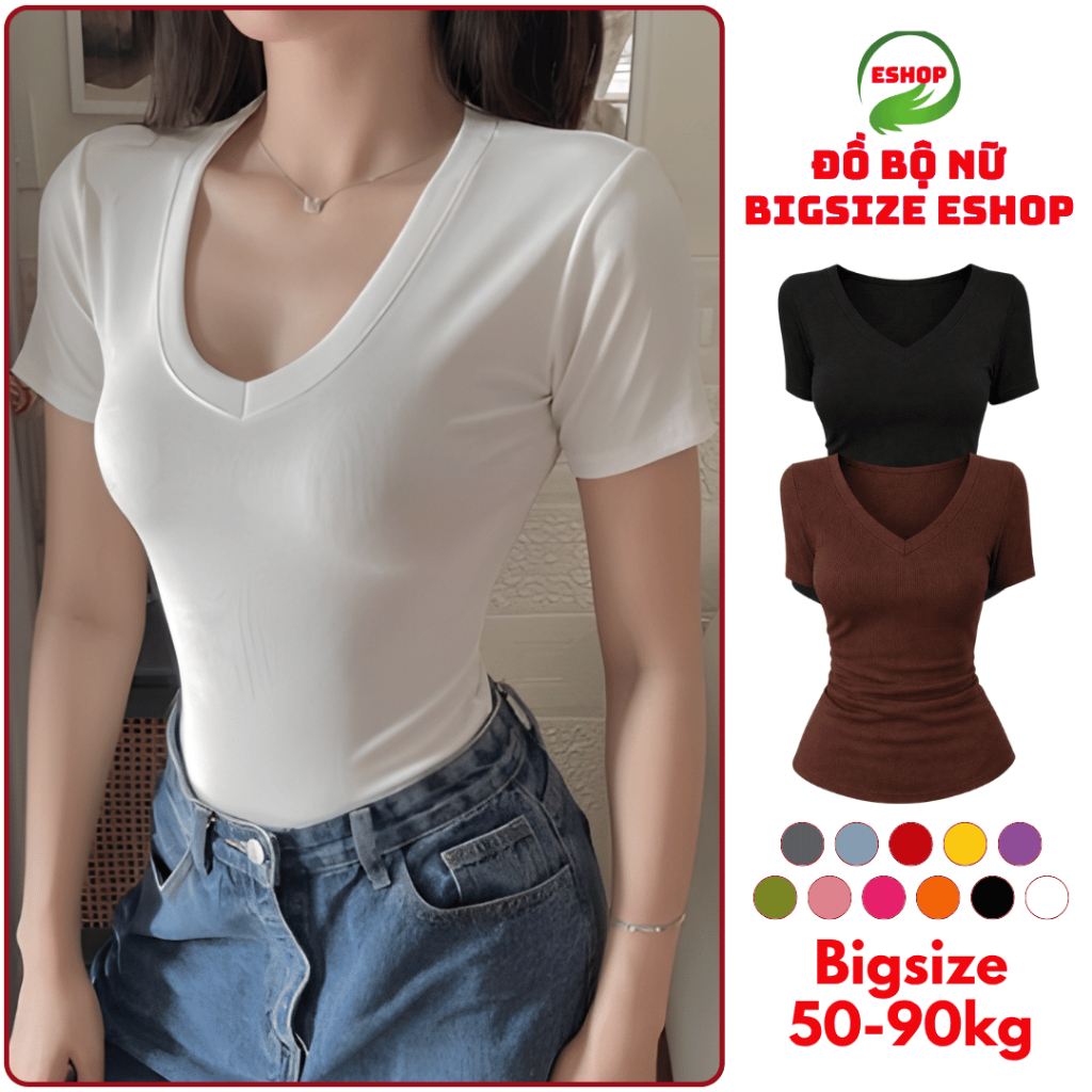 Áo Thun Cổ Tim Tay Ngắn ESHOP Áo Thun Nữ Bigsize Áo Phông Kiểu Trơn Xinh Form Ôm Đẹp Dễ Thương MS016
