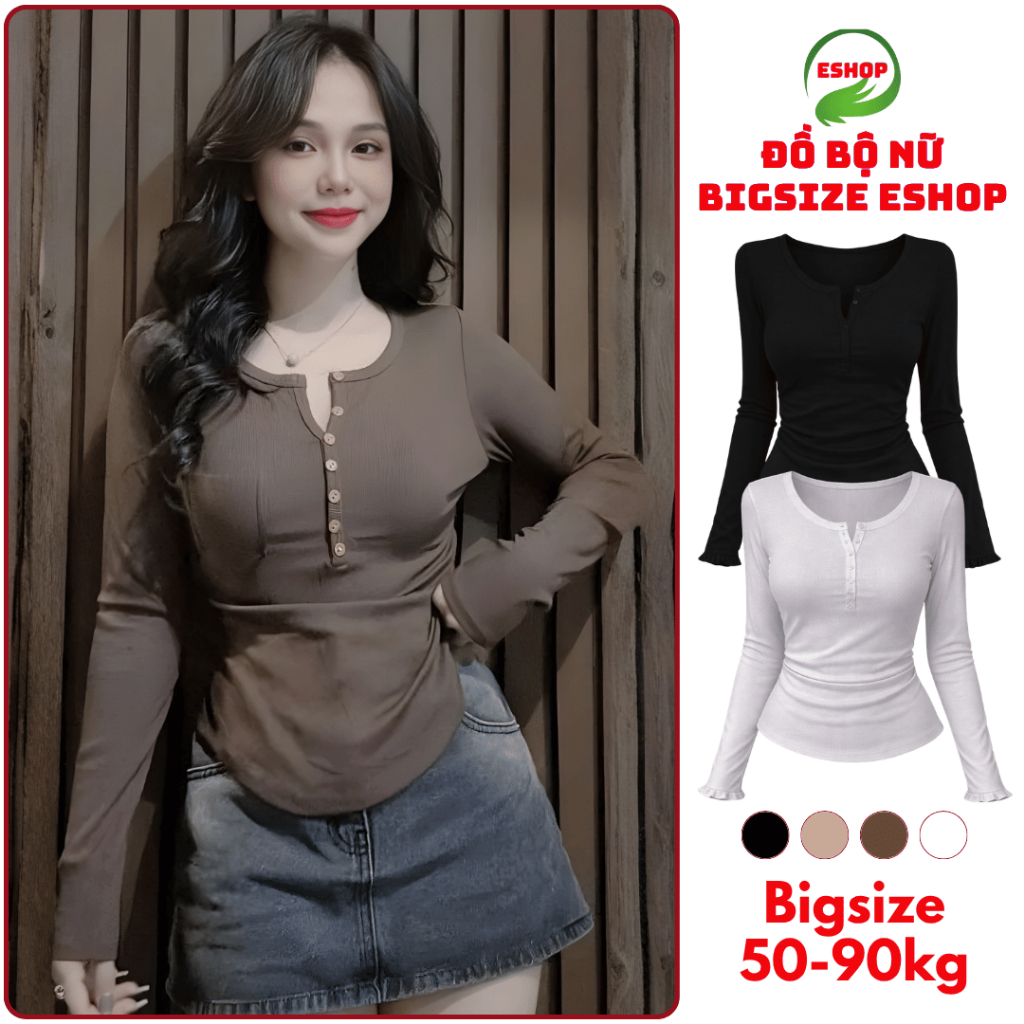 Áo Thun Nữ Bigsize Tay Dài ESHOP Áo Ôm Body Cổ Tròn Dài Tay Dễ Thương Babytee Thun Tăm Lạnh AT79