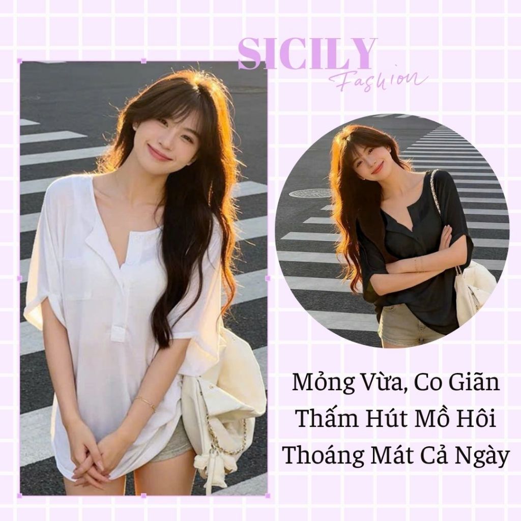 Áo Thun Nữ Cotton Giấy Sicily - Áo Phông Mỏng Mát, Co Giãn 4 Chiều, Thấm Hút Mồ Hôi Cực Tốt (Trắng/Đen)