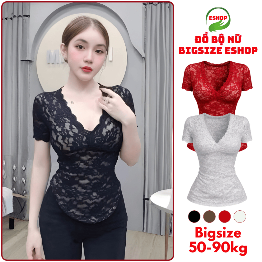 Áo Thun nữ Bigsize Vải Ren Lưới ESHOP Áo Thun Nữ Tay Ngắn Cổ V Kiểu Trời Trang Đẹp Ôm Body MS5013
