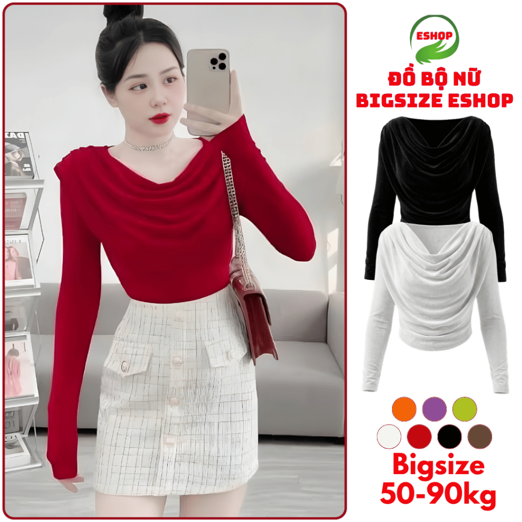 Áo Thun Nhũ Tay Dài Bigsize ESHOP Ôm Body - Áo Kiểu Cổ Tròn Đổ Thiết Kế Xếp Ly Dễ Thương MS107