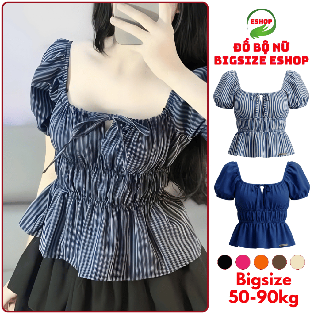 Áo Babydoll Cổ Vuông Chiết Eo Tay Phồng Bigsize 45-85kg Vải Lụa Mềm Mát Cột Nơ Dễ Thương ESHOP MS448