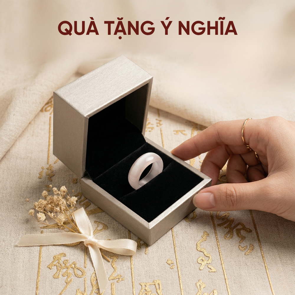Nhẫn đá thạch anh phong thủy Lộc Tụ Các trắng mắt mèo tinh xảo thu hút năng lượng mang lại may mắn