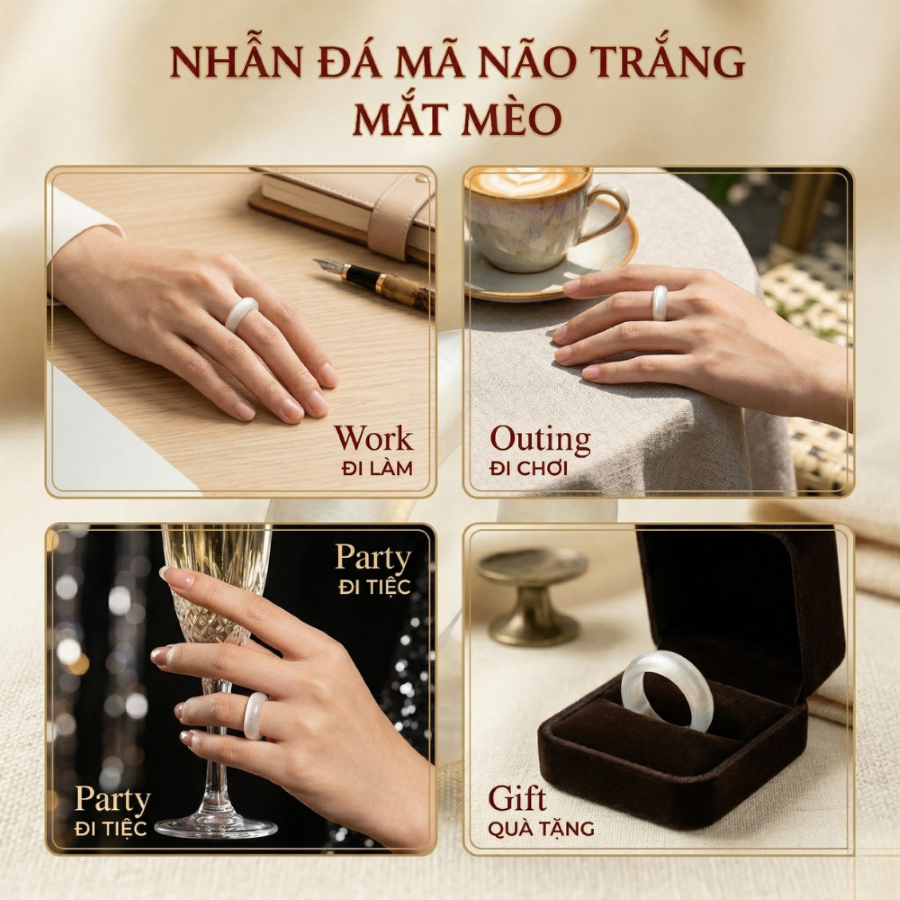 Nhẫn đá thạch anh phong thủy Lộc Tụ Các trắng mắt mèo tinh xảo thu hút năng lượng mang lại may mắn