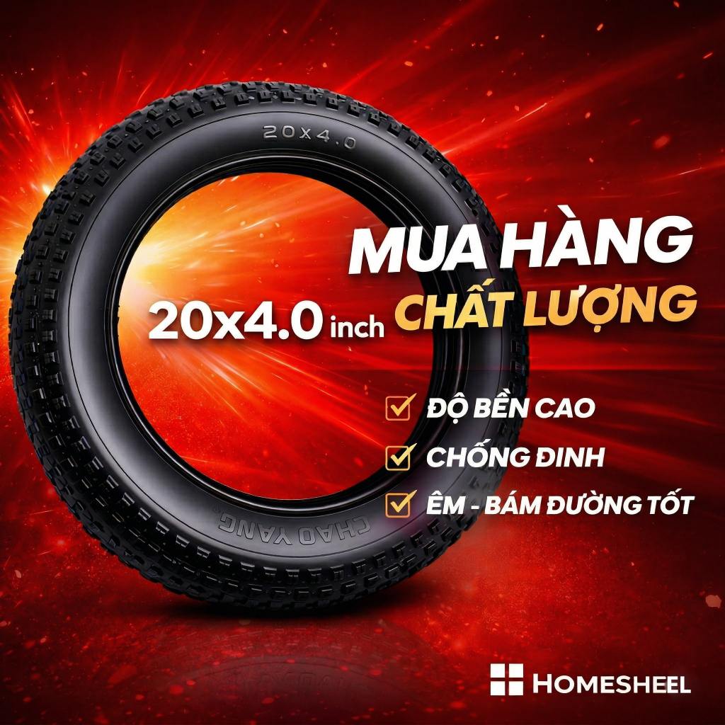 Lốp + Xăm Ruột Xe Điện 20x4.0 HOMESHEEL Chính Hãng – Dày, Êm, Chống Đinh, Loại 1