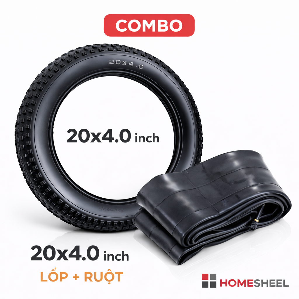 Lốp + Xăm Ruột Xe Điện 20x4.0 HOMESHEEL Chính Hãng – Dày, Êm, Chống Đinh, Loại 1