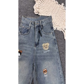 YOLOXI [ Gấu Thêu ] -  Quần Jeans Suông Wash Màu, Hoạ Tiết Thêu Siêu Đáng Yêu , Cạp Cao ,Form Suông , Quần Bò Ống Suông