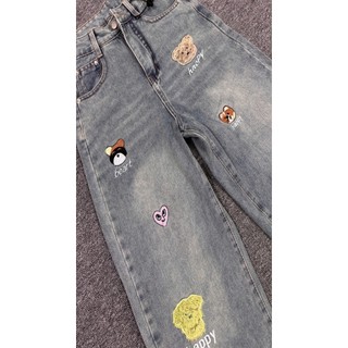 YOLOXI [ Gấu Thêu ] -  Quần Jeans Suông Wash Màu, Hoạ Tiết Thêu Siêu Đáng Yêu , Cạp Cao ,Form Suông , Quần Bò Ống Suông