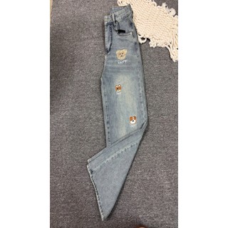 YOLOXI [ Gấu Thêu ] -  Quần Jeans Suông Wash Màu, Hoạ Tiết Thêu Siêu Đáng Yêu , Cạp Cao ,Form Suông , Quần Bò Ống Suông
