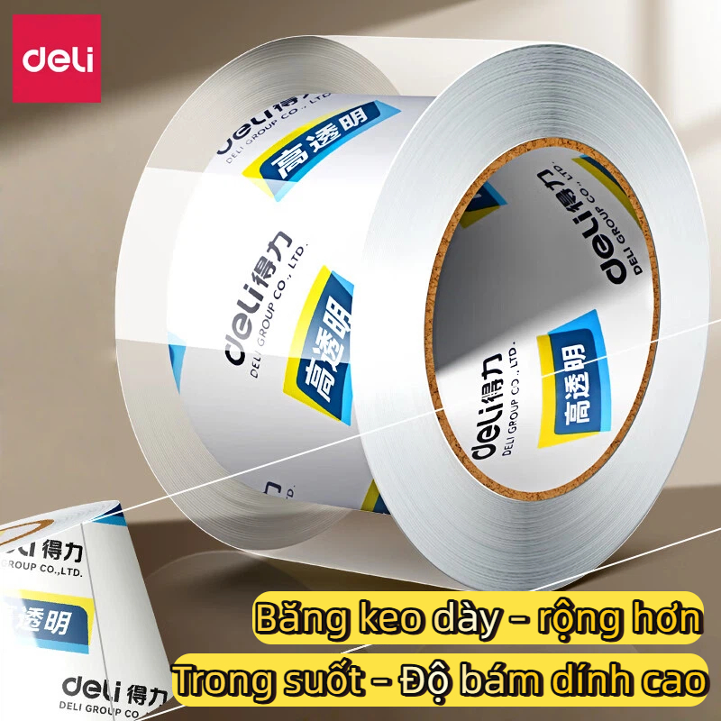 Băng Keo Trong Deli Dán Thùng Đóng Gói Siêu Dính, Băng Keo Carton Trong Suốt Chắc Dai, Chống Rách, Lõi Mỏng Tiết Kiệm