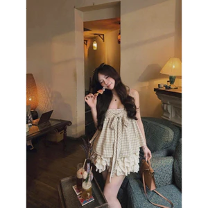 Set áo 2 dây babydoll thắt nơ ngực chân váy bèo tầng