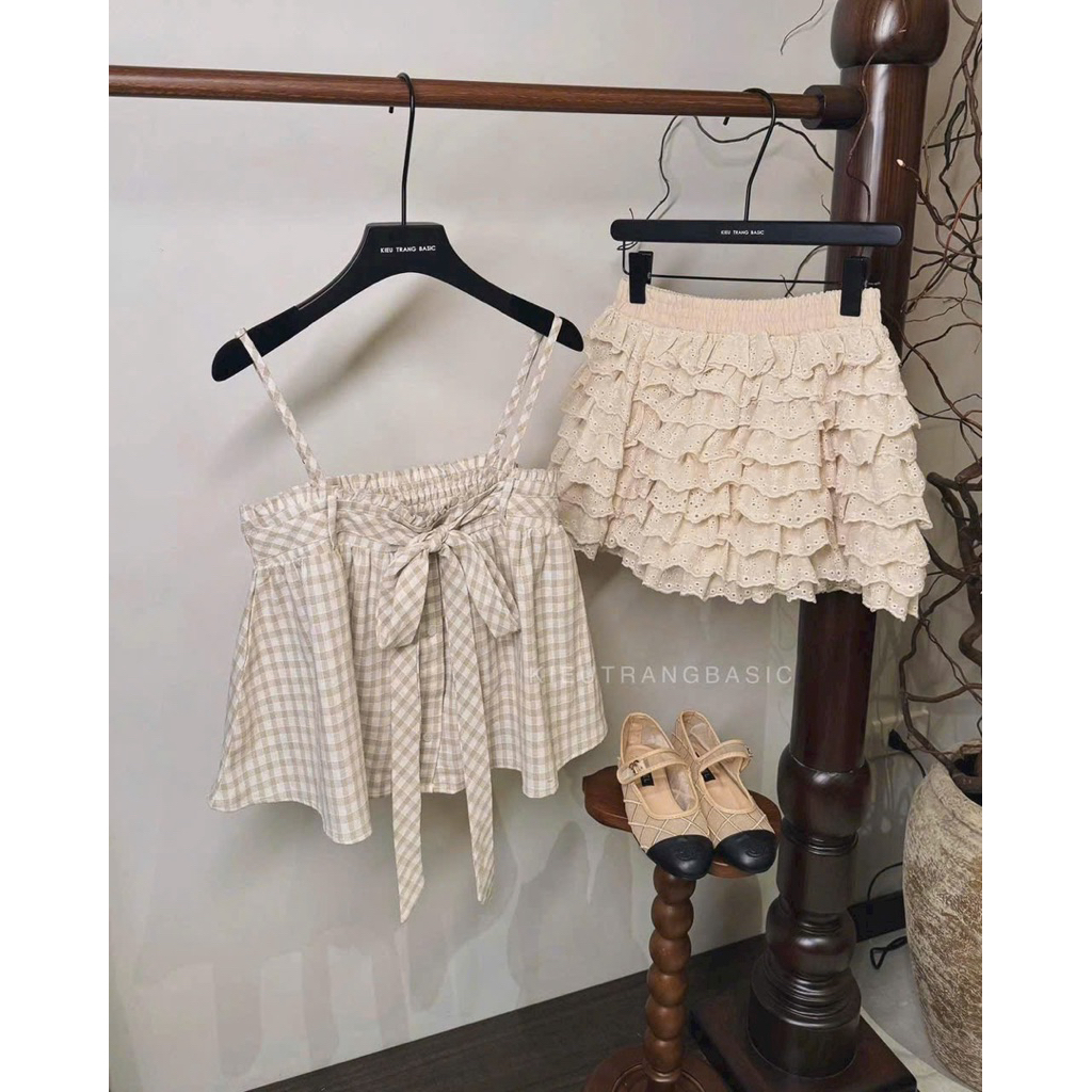 Set áo 2 dây babydoll thắt nơ ngực chân váy bèo tầng
