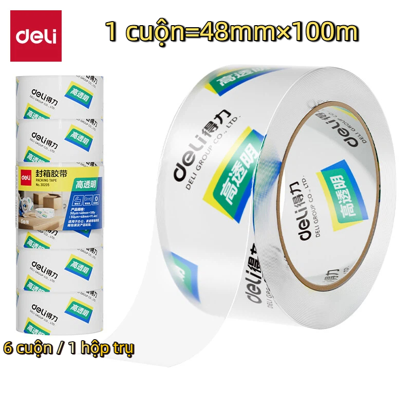 Băng Keo Trong Deli Dán Thùng Đóng Gói Siêu Dính, Băng Keo Carton Trong Suốt Chắc Dai, Chống Rách, Lõi Mỏng Tiết Kiệm