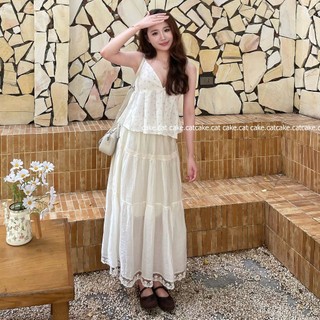 Chân Váy Midi Dài Trắng Xếp Tầng Phối Viền Ren Gấu Dáng Xòe Lưng Chun Vintage Đi Biển Nàng Thơ V110