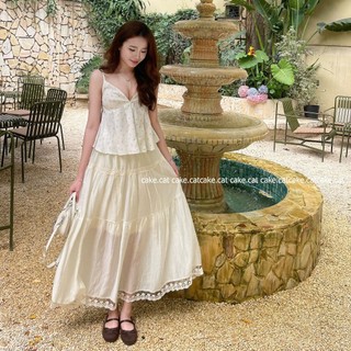 Chân Váy Midi Dài Trắng Xếp Tầng Phối Viền Ren Gấu Dáng Xòe Lưng Chun Vintage Đi Biển Nàng Thơ V110