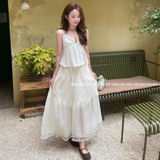 Chân Váy Midi Dài Trắng Xếp Tầng Phối Viền Ren Gấu Dáng Xòe Lưng Chun Vintage Đi Biển Nàng Thơ V110