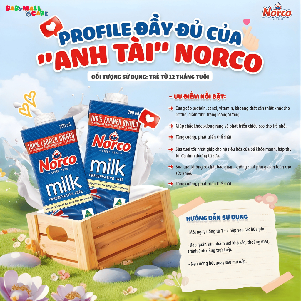 Sữa Tươi Tiệt Trùng Norco Milk  200ml Lốc 3 Hộp Bổ Sung Canxi Protein Cho Bé| Babymall & Care