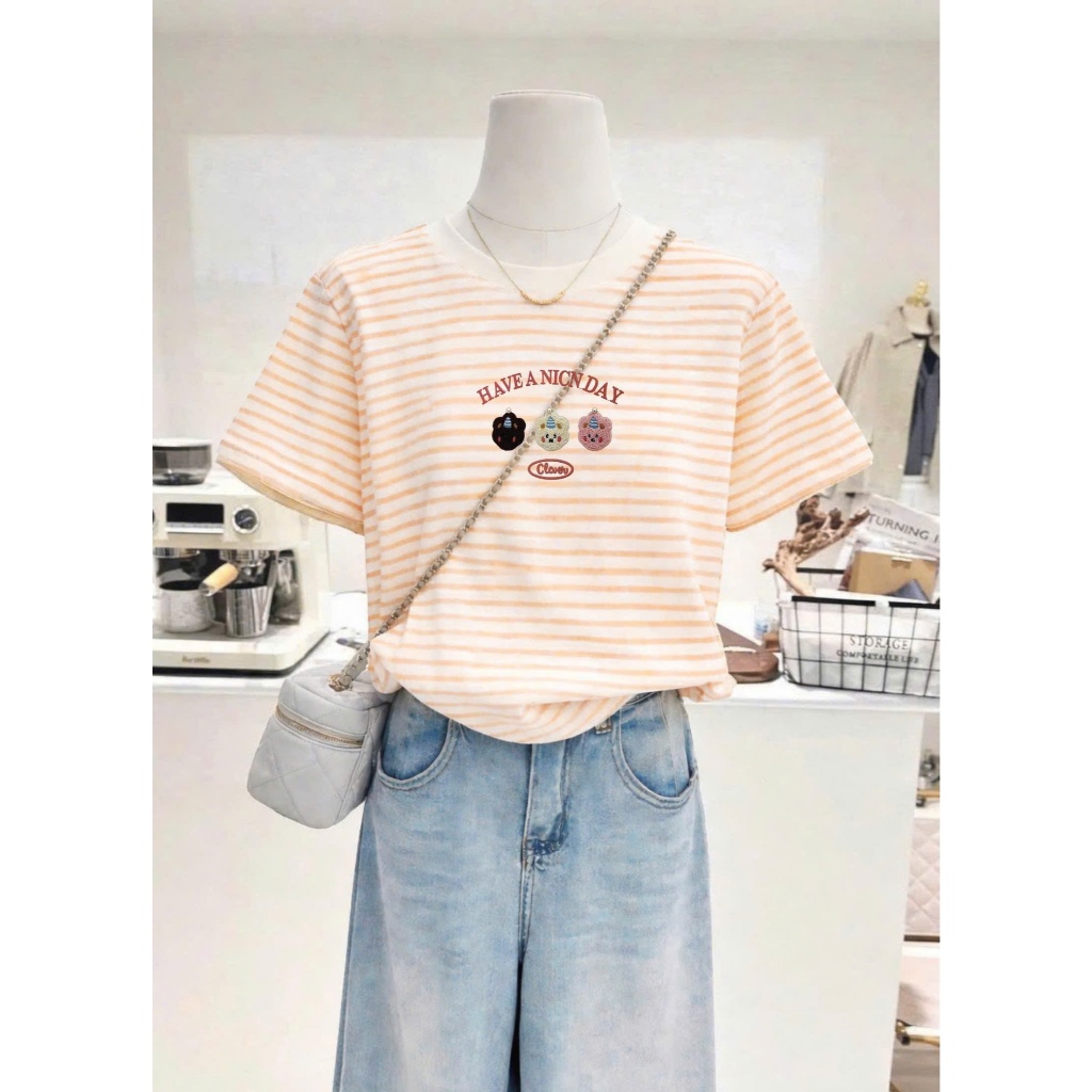 Màu mới Áo thun kẻ sọc mặc Tết siêu xinh JULY FASHION, Áo phông nữ ngắn tay in hình chất thun cotton dày dặn mặc mát