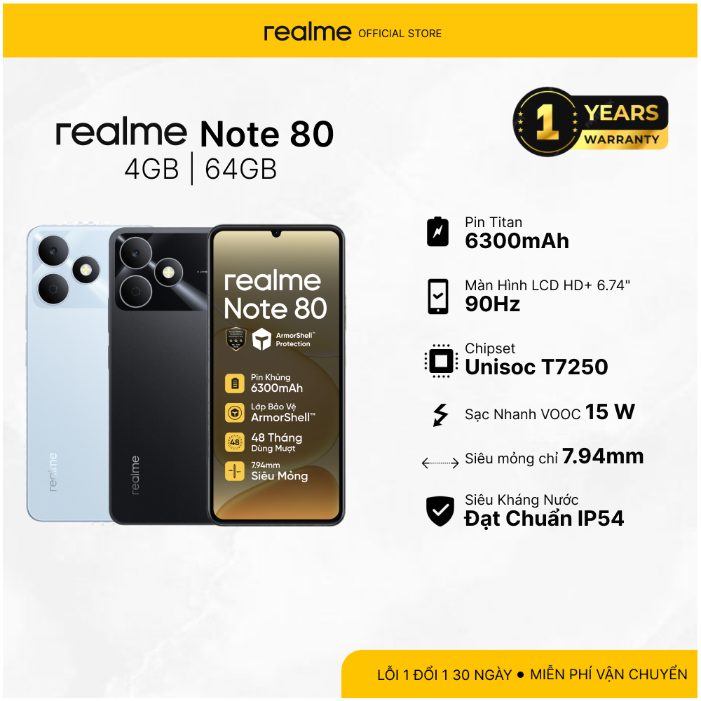 Điện Thoại realme Note 80 4GB 64GB, Pin 6300mAh, Chip Unisoc T7250, Màn ...