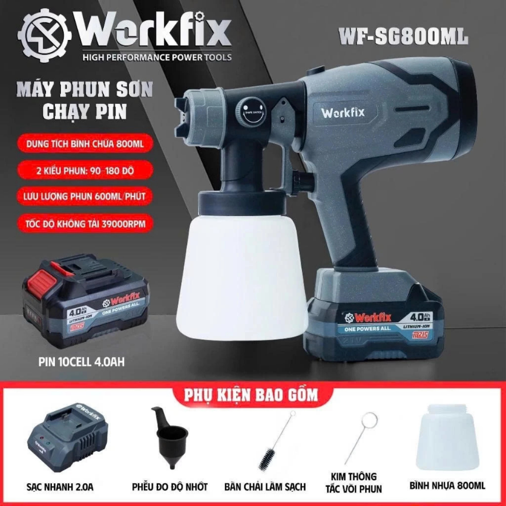 Máy phun sơn dùng pin WORKFIX WF-SG800ML, 2 Kiểu phun - Bình chứa lớn 800ml - Chân pin phổ thông