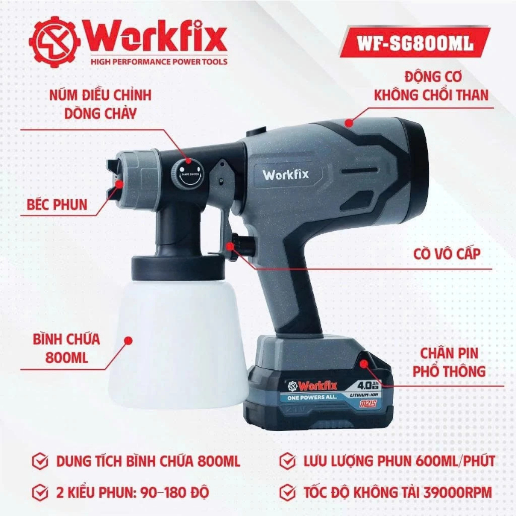 Máy phun sơn dùng pin WORKFIX WF-SG800ML, 2 Kiểu phun - Bình chứa lớn 800ml - Chân pin phổ thông