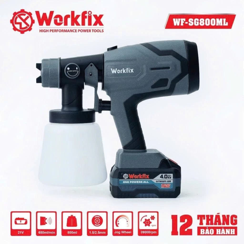 Máy phun sơn dùng pin WORKFIX WF-SG800ML, 2 Kiểu phun - Bình chứa lớn 800ml - Chân pin phổ thông