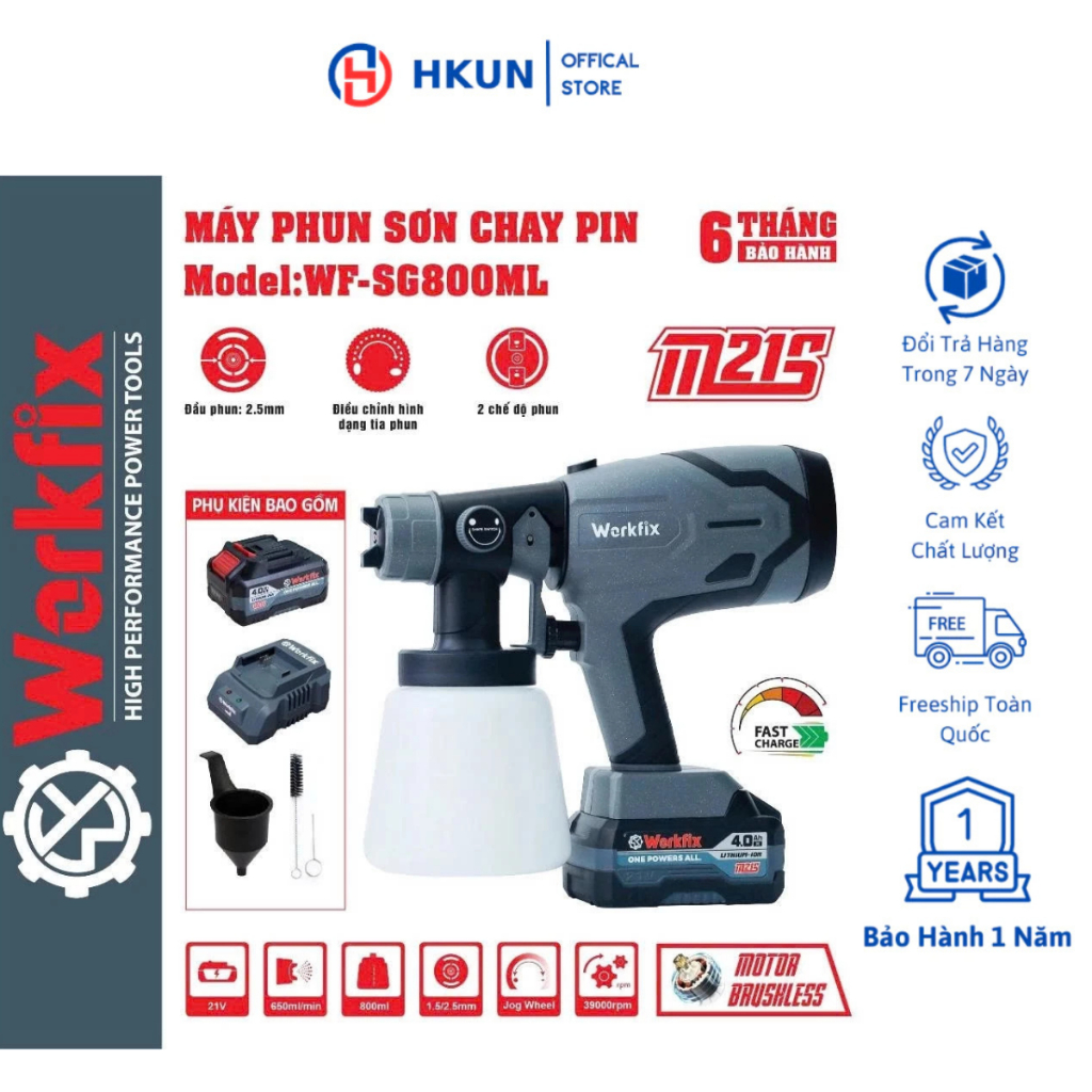 Máy phun sơn dùng pin WORKFIX WF-SG800ML, 2 Kiểu phun - Bình chứa lớn 800ml - Chân pin phổ thông