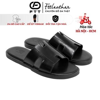 Dép chữ H nam Fttleather da bò thật quai ngang dáng trơn đế phíp gỗ cao cấp bền, nhẹ, bám tốt D012