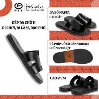 Dép chữ H nam Fttleather da bò thật quai ngang dáng trơn đế phíp gỗ cao cấp bền, nhẹ, bám tốt D012