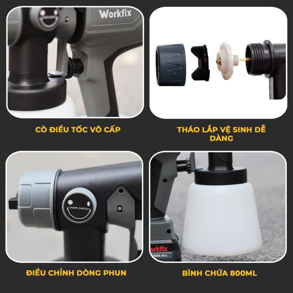 Thân Máy phun sơn dùng pin WORKFIX WF-SG800ML, 2 Kiểu phun - Bình chứa lớn 800ml - Chân pin phổ thông