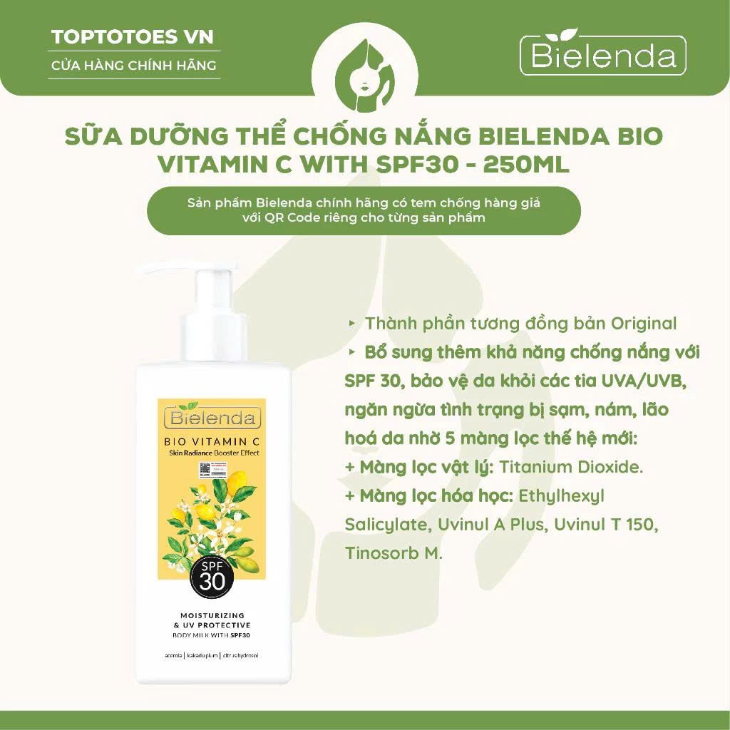 [HÀNG NHẬP KHẨU] Sữa dưỡng thể trắng da Bielenda Bio Vitamin C bảo vệ da toàn diện 250ml/400ml