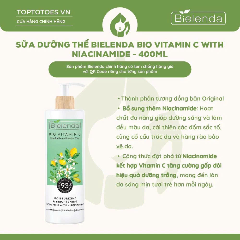 [HÀNG NHẬP KHẨU] Sữa dưỡng thể trắng da Bielenda Bio Vitamin C bảo vệ da toàn diện 250ml/400ml