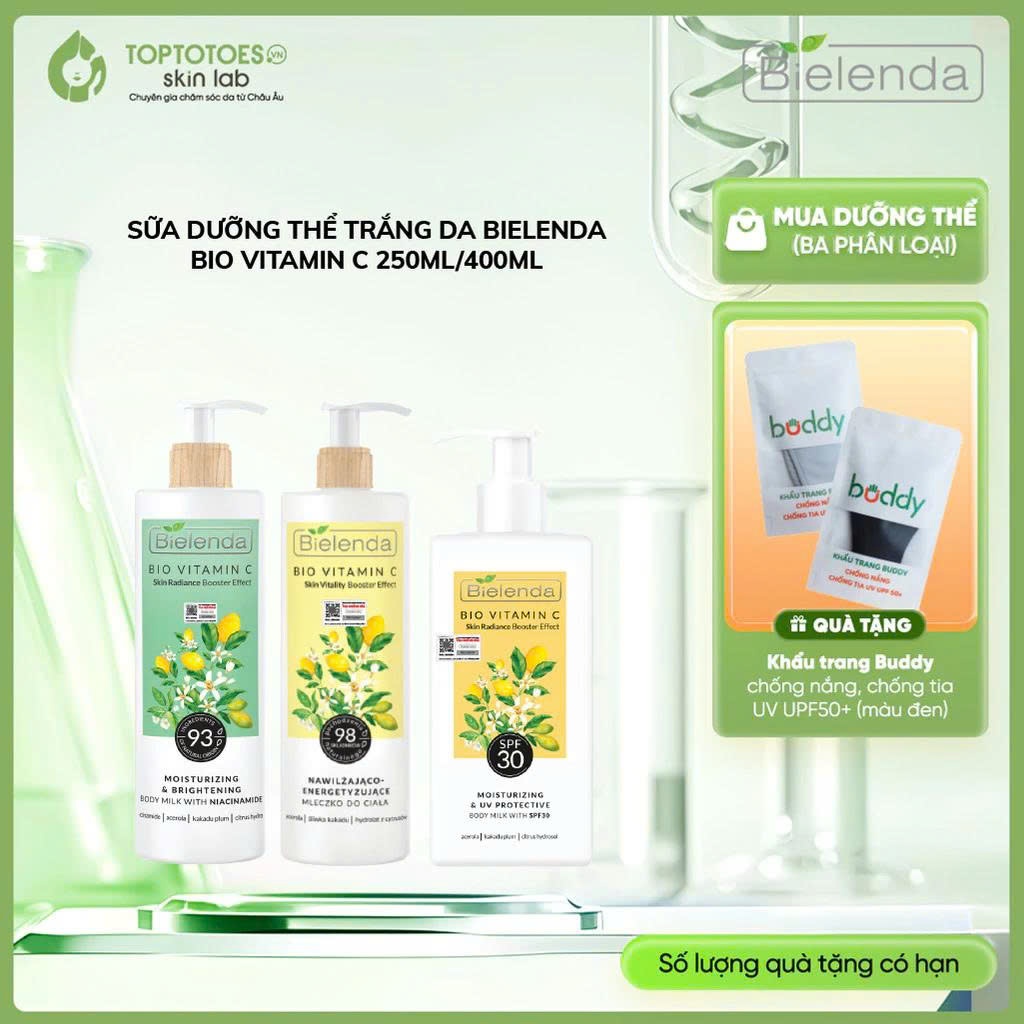 [HÀNG NHẬP KHẨU] Sữa dưỡng thể trắng da Bielenda Bio Vitamin C bảo vệ da toàn diện 250ml/400ml
