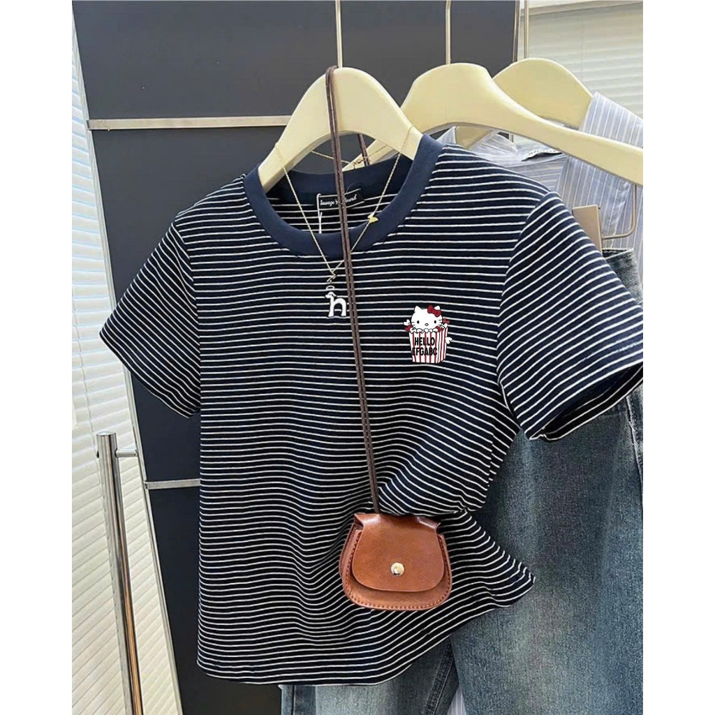 Màu mới Áo thun kẻ sọc mặc Tết siêu xinh JULY FASHION, Áo phông nữ ngắn tay in hình chất thun cotton dày dặn mặc mát