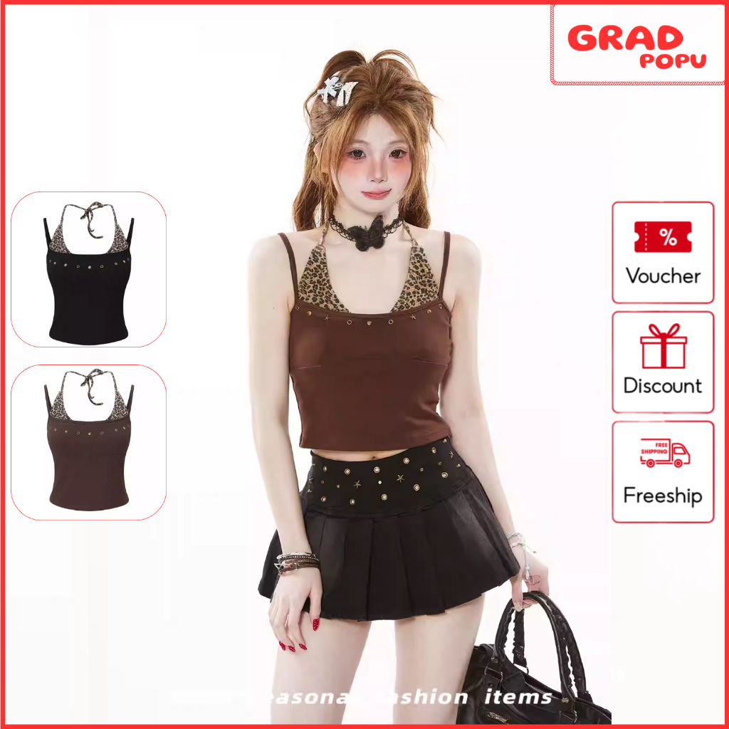 Áo hai dây GRADPOPU cổ yếm phối họa tiết da báo phong cách cá tính thiết kế độc đáo siêu đẹp PB36