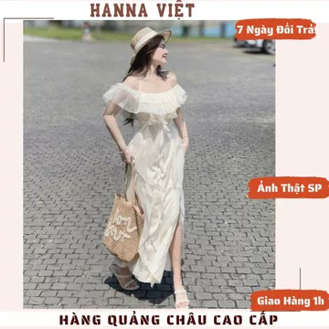 Váy Nữ, Váy Đi Biển, Váy Maxi Trễ Vai Xẻ Tà Phối Bèo Dây Trắng Kem Sang Chảnh Cao Cấp HVS Ms778