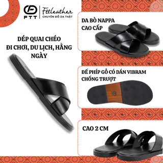 Dép da bò nam quai chéo Fttleather, dép da nam quai chéo đế phíp gỗ vibram chống trơn trượt D013